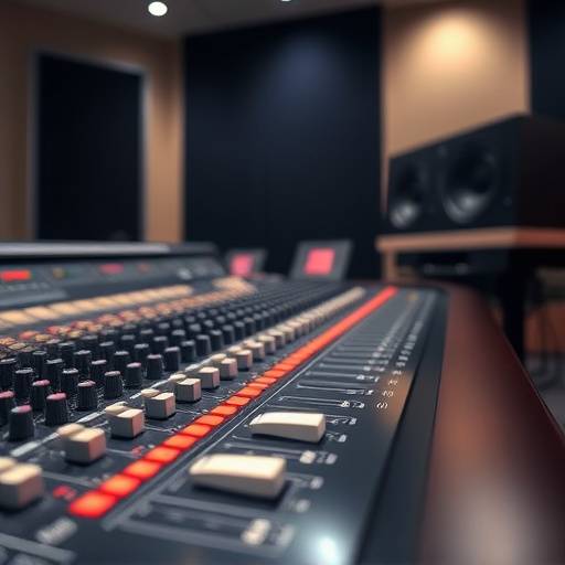 Nahaufnahme eines professionellen Tonmischpults in einem Tonstudio